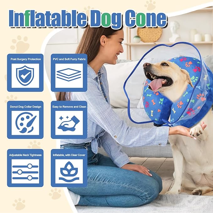 Dog Cone, Inflatable Dog Cone for Small, Medium, and Large Dogs, Soft Cone for Dogs After Surgery with Adjustable Buckle, Adjustable Soft Recovery Collar with Detachable Cove