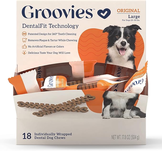 Groovies Original Dog Dental Chew Individually Wrapped Large (18 ea)