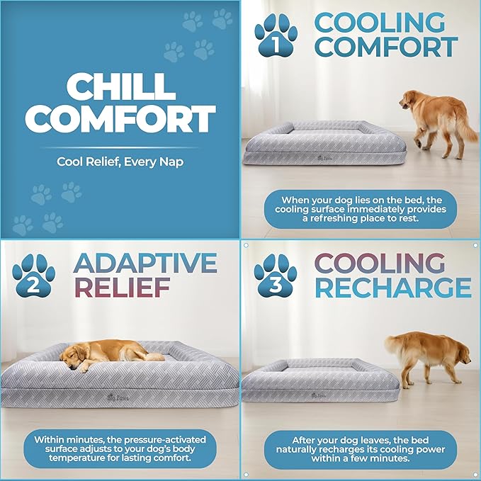 Big Paws Cooling Orthopedic Dog Bed for Large & Senior Dogs – Ice Silk Surface, Waterproof Liners, Washable Cover, Non-Slip Base, Raised Bolsters, Joint Support Foam – Gray