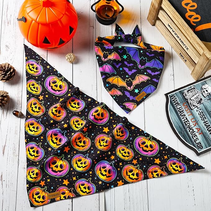 Halloween Dog Bandanas - 2 Pack Reversible Pumpkin and Bat Pet Scarf for Boys and Girls | Fall Dog Bibs | Premium Durable Fabric | Holiday Dog Bandana for Small and Medium Dogs (Small)