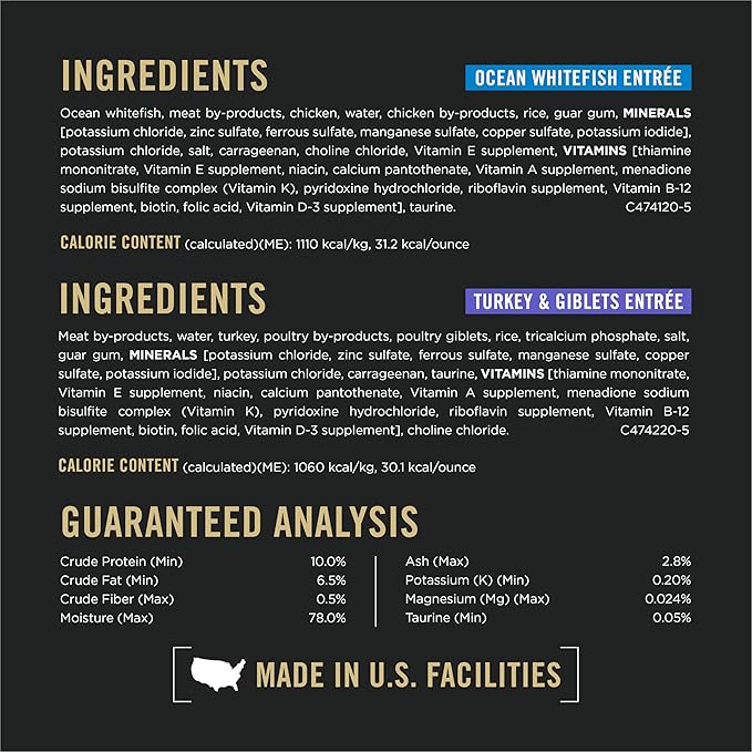 Purina Pro Plan Urinary Tract Health Pate Cat Food Variety Pack, Turkey and Giblets, and Ocean Whitefish Entrees - (Pack of 12) 5.5 oz. Cans