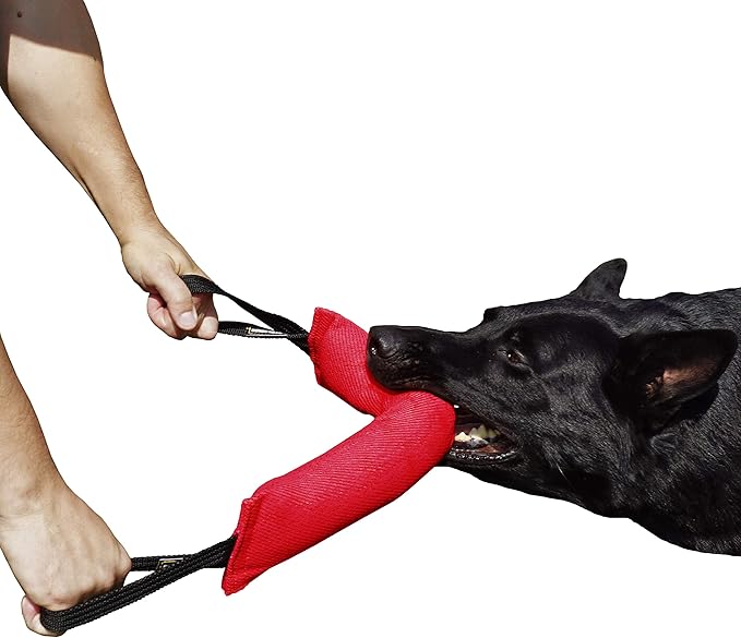 Dingo Gear French Linen tug Toy for Dog, Dog Bumper for Training, Agility, tug of war, Dog bite Pillow for Strong Dog, 2handles 18" red S00068