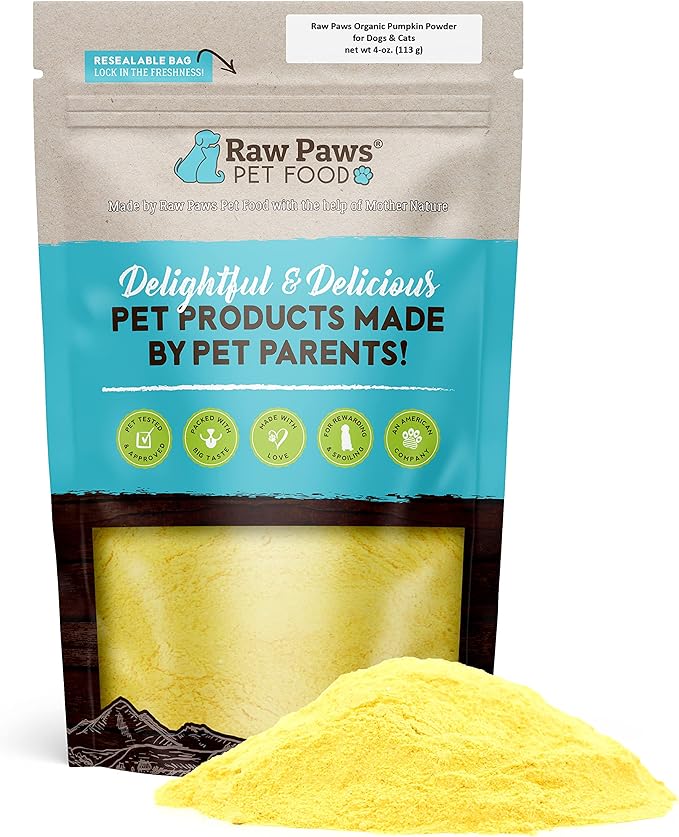 Raw Paws Organic Pumpkin Powder for Dogs & Cats (4-Ounce) - Made in USA - Fiber for Cats - Healthy Stool - Diarrhea & Constipation Relief - Dried Pumpkin for Dogs - Dog Food Topper