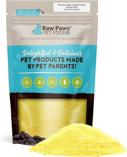Raw Paws Organic Pumpkin Powder for Dogs & Cats (4-Ounce) - Made in USA - Fiber for Cats - Healthy Stool - Diarrhea & Constipation Relief - Dried Pumpkin for Dogs - Dog Food Topper