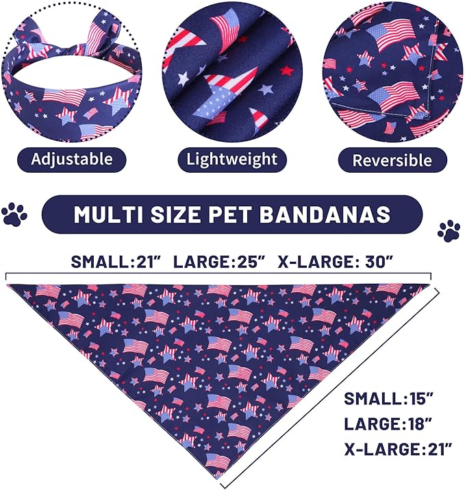 4th of July Dog Bandanas XLarge 2PCS, American Flag Patriotic Scarf, Independence Holiday Bandana,Premium Durable Triangle Reversible USA Bandana for Large Dogs