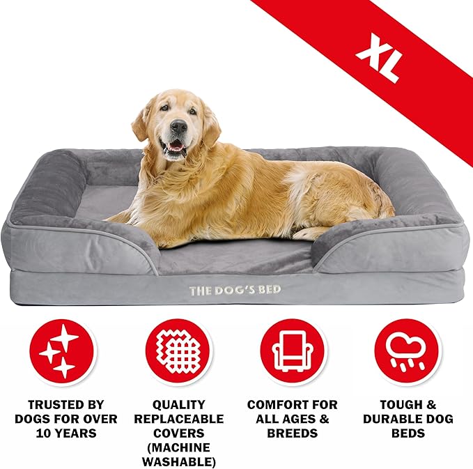 The Dog’s Bed, Orthopedic Standard Foam Waterproof Dog Bed with Standard Support, XL Silver Grey Plush, Waterproof, Supportive Dog Bed with Replaceable Covers