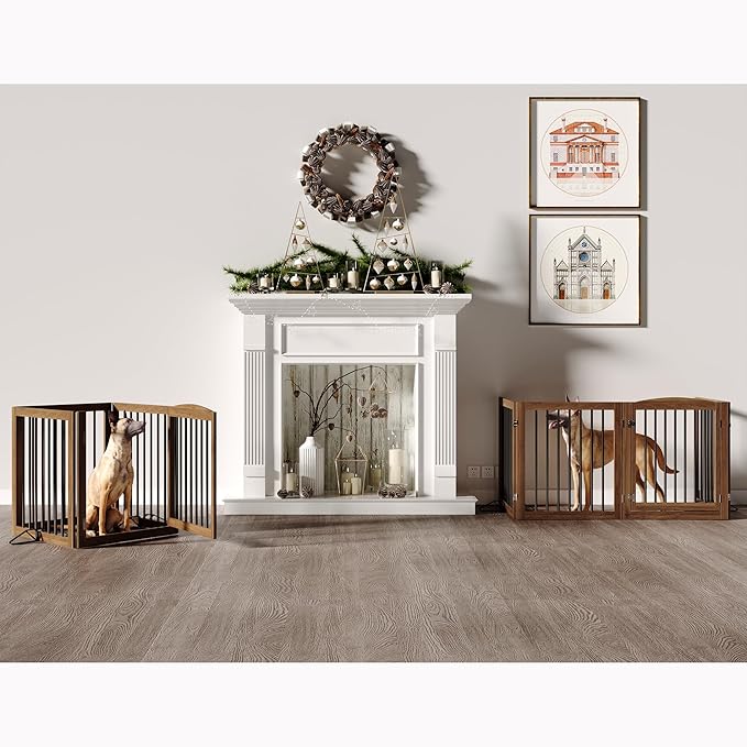 Vantas Folding Pet Gate 96" Wide, 30" Tall No-Assembly Wooden Dog Gate with Door Walk Through, Freestanding Pet Gate, Puppy Safety Fence, with 2PCS Support - Brown