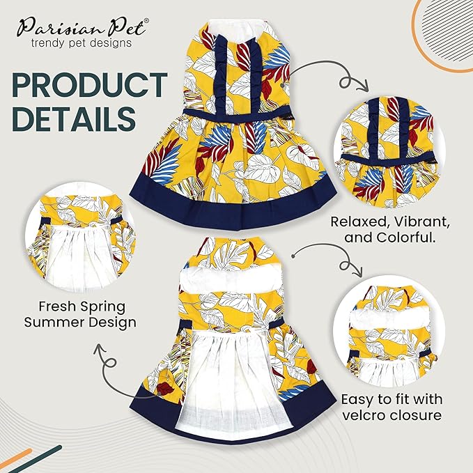 Parisian Pet Tribal Leaves Summer Dress - Magic Strap Closure Dog Beach Outfit - Lightweight and Breathable Dress for Small Dogs Girl XS