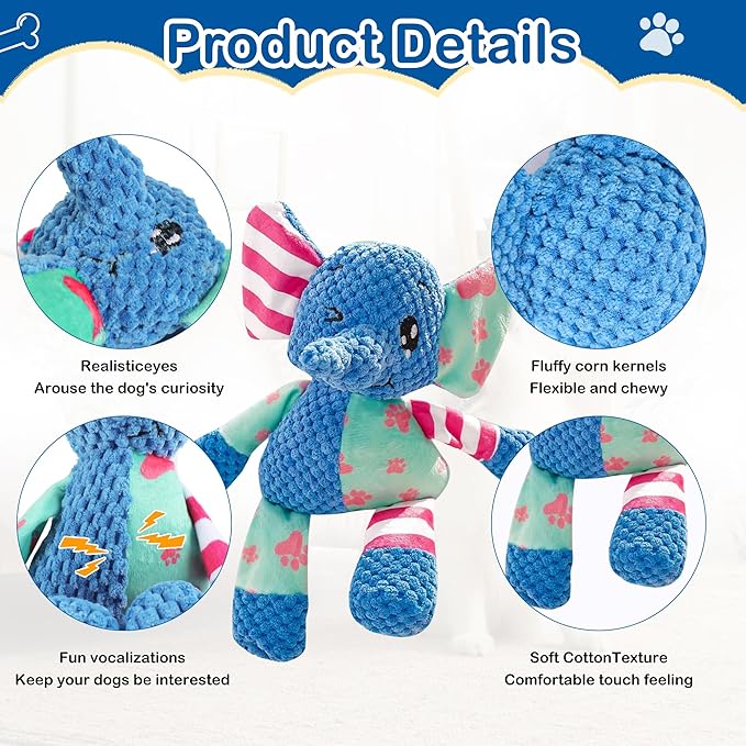 Dog Squeak Toys for Small & Medium Breeds, Puppy Teething Interactive Chewing Plush Toy to Keep Them Busy, Best Birthday, Christmas, Halloween, Easter Gift, Elephant