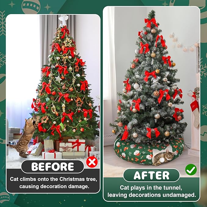 Christmas Cat Tunnel Bed in 3FT x 3FT x 10IN-Cute Cat Tube Christmas Tree Skirt with Ball,Foldable Round Pet Toy with Washable Mat for Keeping Indoor Cats Off Xmas Tree, Green