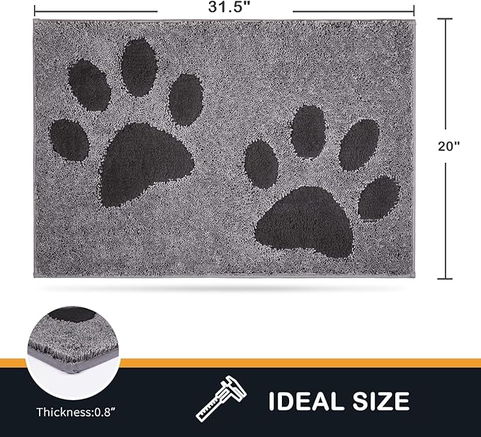 PURRUGS Dirt Trapping Door Mat 20" x 31.5", Non-Skid/Slip Machine Washable Microfiber Entryway Rug, Dog Doormat, Super Absorbent Welcome Mat for Muddy Wet Shoes and Paws, Grey