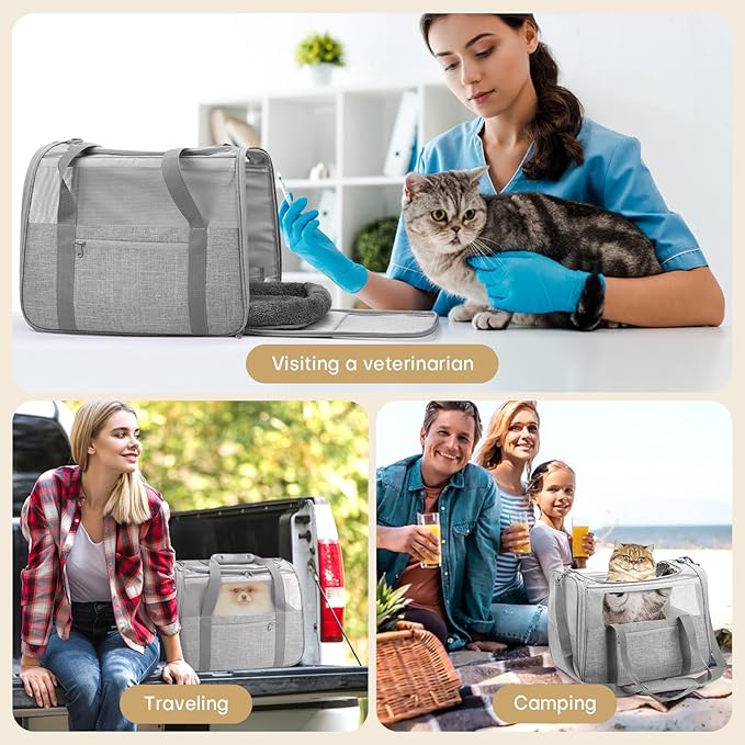 Cat Carrier Soft-Sided for Large Cats, Dog Carriers for Small Dogs, Airline Approved Pet Travel Carrier for Cats Puppies up to 16Lbs with Safety Zippers Foldable Bowl, 18x12.5x14.2, Grey