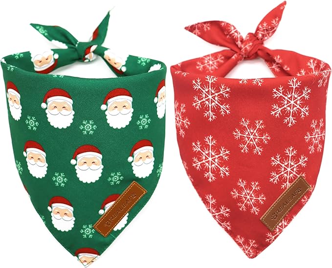 Realeaf Christmas Dog Bandanas 2 Pack, Snowflake and Santa Claus Dog Scarf for Boy and Girl, Premium Durable Fabric, Holiday Red and Green Bandana for Large and Extra Large Dogs Cats Pets (X-Large)