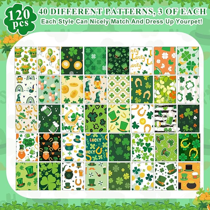 Amylove 120 Pcs Halloween Dog Bandanas Bulk Thanksgiving Day Holiday Triangle Dog Pack Puppy Kerchief Bandana Adjustable Pet Scarf for Pet Cat Costume Accessories Decor(Shamrock)