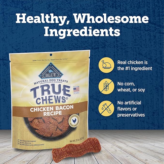 Blue Buffalo True Chews Dog Treats, Made in the USA with Natural Ingredients, Chicken Bacon Recipe, 12-oz Bag