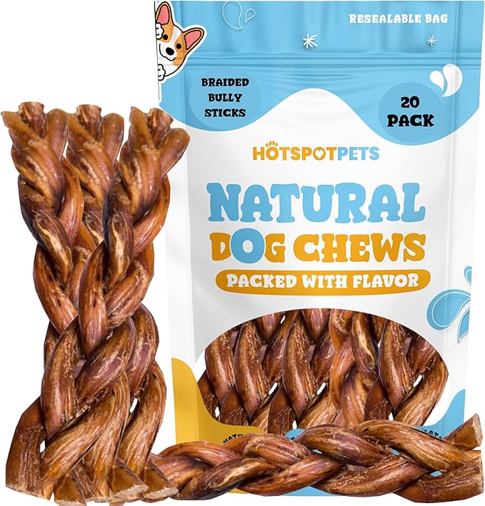 hotspot pets Braided Bully Sticks for Dogs -6 Inch Stix (20 Pack) Premium All Natural Long Lasting, Low Odor, Twisted Beef Pizzle Dog Chew Treats - Grain Free Fully Digestible Rawhide Alternative
