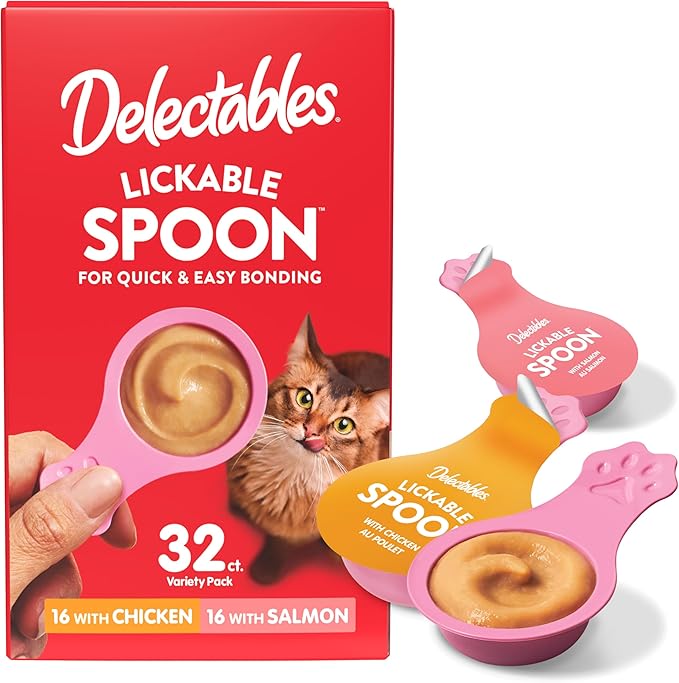 Delectables Lickable Spoon Handheld Wet Cat Treats Made with Real Salmon, Quick & Easy Creamy Puree, Mess Free, Grain-Free, No Added Fillers, No By-Products, No Added Preservatives, Variety Pack, 32ct
