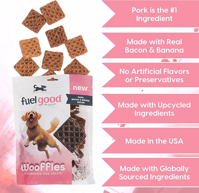 Wooffles High Protein Dog Treats - Pork, Bacon & Banana Recipe - 11oz Bag - High Protein Treats for Dogs, Made in The USA