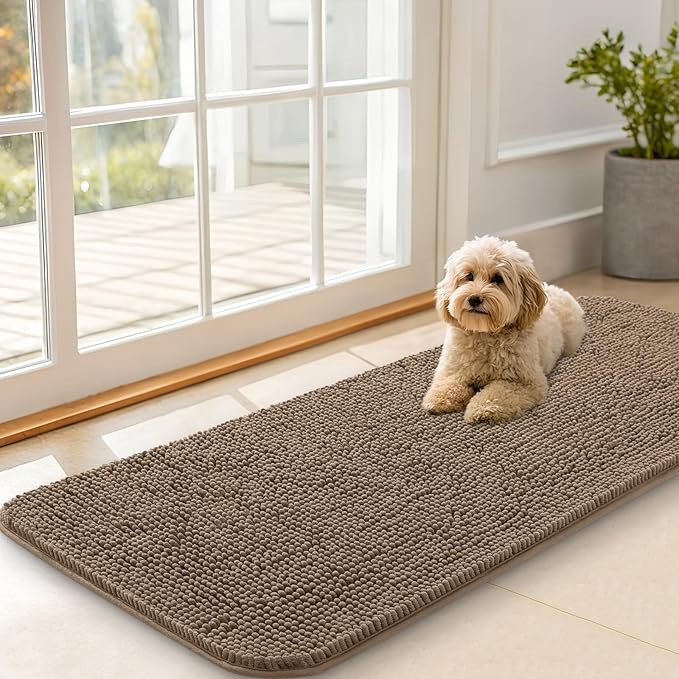 OLANLY Dog Door Mat for Muddy Paws 47x20, Absorbs Moisture and Dirt, Absorbent Non-Slip Washable Doormat, Quick Dry Chenille Mud Mat for Dogs, Entry Indoor Entryway Carpet for Inside Floor, Tan