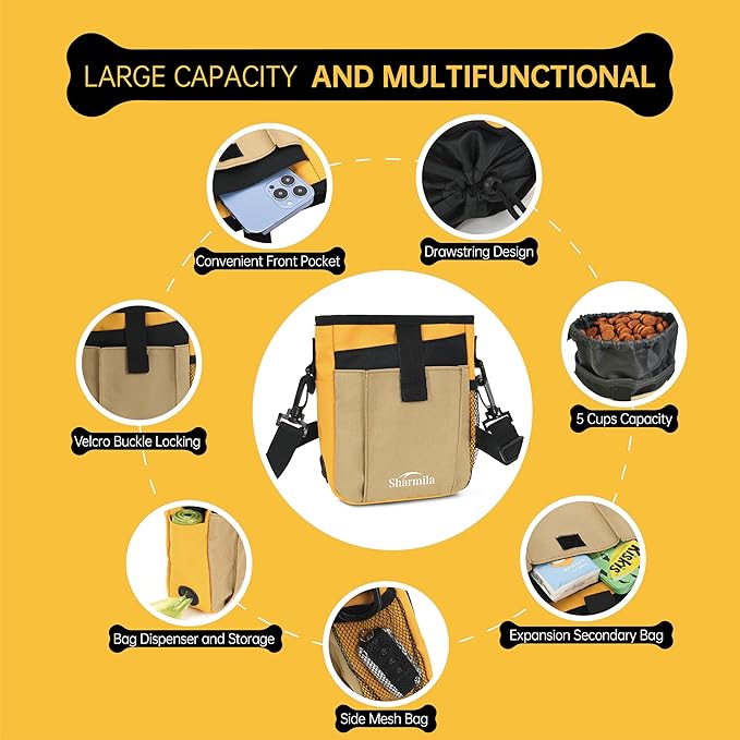 Sharmila Dog Treat Pouch - Large Capacity Storage & Multi-Pocket Design, Waterproof Training Treat Pouch Constructed from High-Density Oxford Fabric for Pet Training, Dog Walking, Hiking (Khaki)