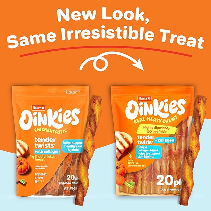 Hartz Oinkies Twirls + Collagen to Support Skin & Joints, Made with Real Chicken Breast, Highly Disgestible Dog Chews, 20 Count