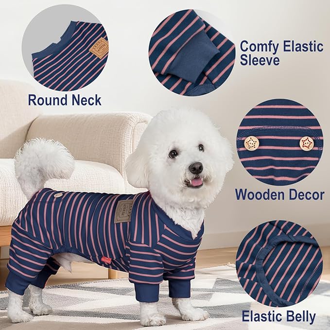 KYEESE Dog Pajamas, Stretchable Velvet Fleece 4 Legs Doggie Onesie, Striped Dog PJS for Small Dogs, Puppy Pajamas Soft Cozy Pet Outfit, Comfortable Sleepwear Cat PJS,Navy Blue Striped, X-Small