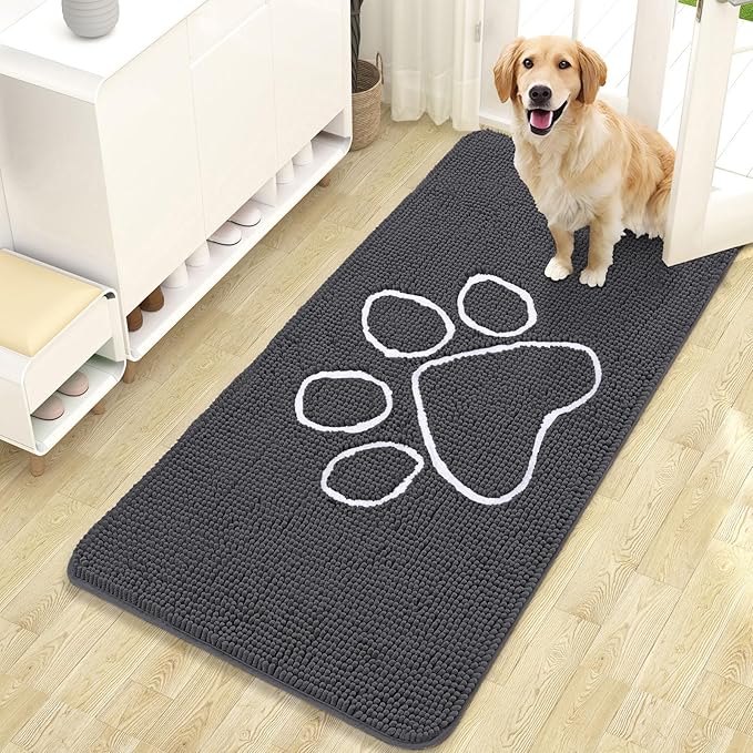 OLANLY Dog Door Mat for Muddy Paws 47x24, Paw Print Design, Absorbs Moisture and Dirt, Absorbent Non-Slip Washable Doormat, Quick Dry Chenille Mud Mat for Dogs, Entry Indoor Entryway Carpet, Dark Grey