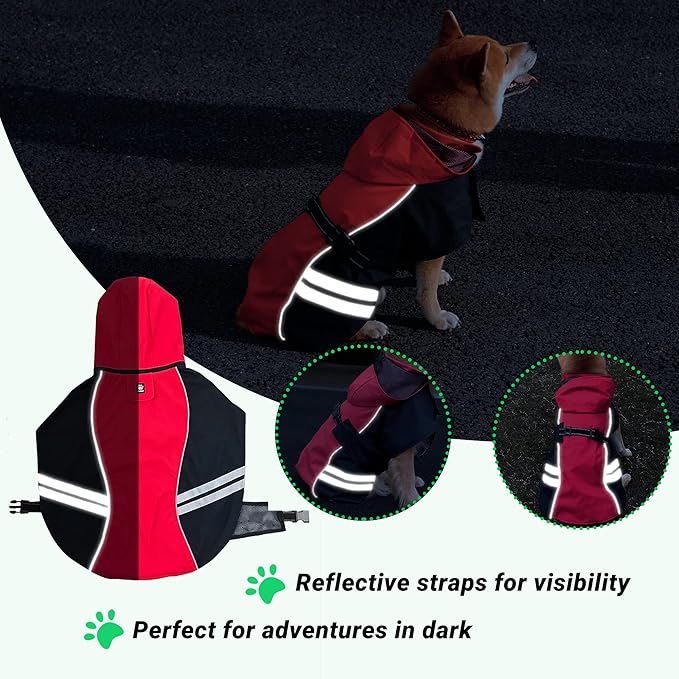 Dog Raincoat for Medium Large Extra Large Dogs, Waterproof Rain Jacket with Reflective Strap, Lightweight Hoodies Full-Body Coverage Dry Clothes (S, Red)