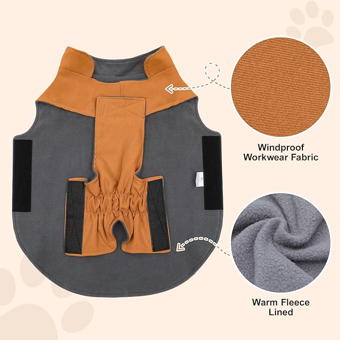Workwear Style Dog Coats with Harness Built in for Small Dogs Windproof Warm Puppy Jacket with Storage Pockets for Cold Winter,BrightBeige XXXL