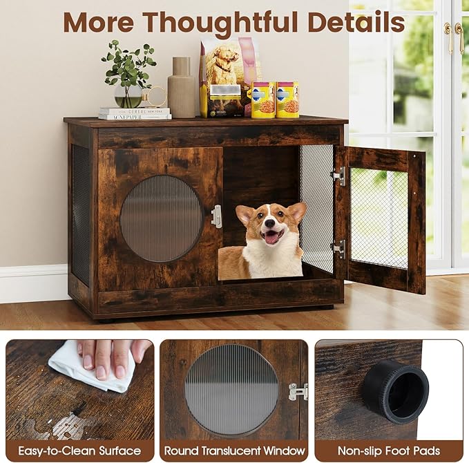 Tangkula Dog Cage Furniture, Chew-Proof Wooden Dog Crate with Metal Mesh Side Wall, Lockable Door, Translucent Window, Industrial Pet Kennel Indoor Furniture for Small & Medium Dogs (Rustic Brown)