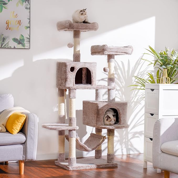 Hey-brother Large Multi-Level Cat Tree Condo Furniture with Sisal-Covered Scratching Posts, 2 Bigger Plush Condos, Perch Hammock for Kittens, Cats and Pets, Muchroom MPJ020MU