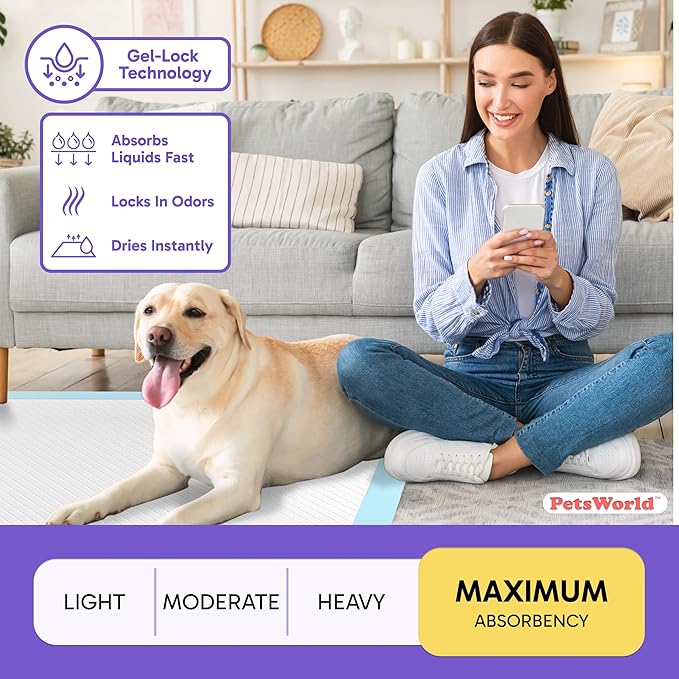 PETSWORLD 2XL Puppy Pads, 28x44 Inch, 200 Count| Ultra-Absorbent, Leak-Proof Dog Pee Pads for Potty Training