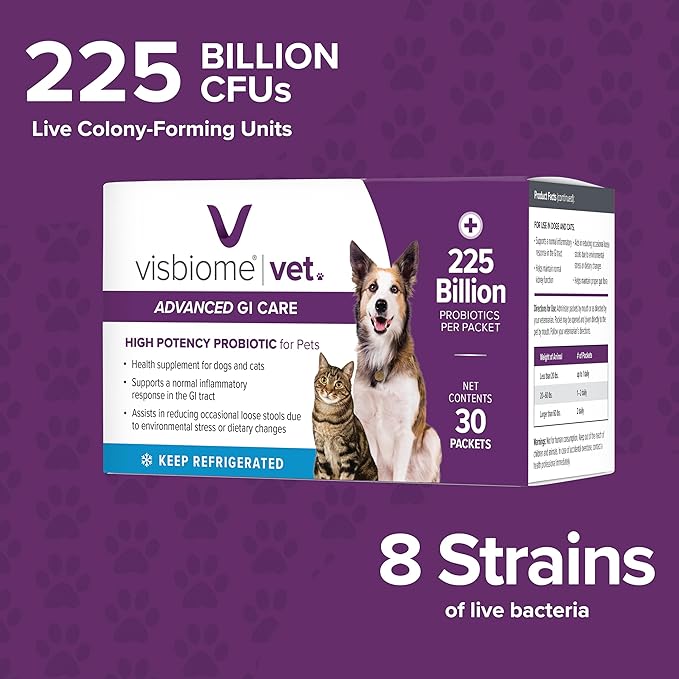 Visbiome® Vet Advanced GI Care Probiotic for Dogs & Cats – 225B CFU, 8-Strain Formula – Veterinarian Recommended, Clean Label Certified – 90 Packets