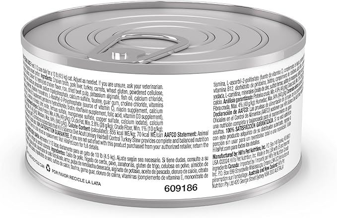 Hill's Science Diet Urinary Hairball Control Adult 1-6 Wet Cat Food, Turkey & Vegetables Stew, 2.9 oz Cans, Case of 24
