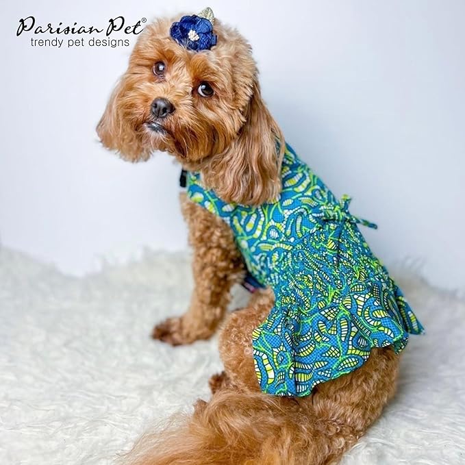 Parisian Pet Tribal Leaves Summer Dress - Ruched Waist Dog Beach Outfit - Lightweight Puppy Dress - Girl XL