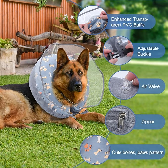 Dog Cone, Inflatable Dog Cone for Small, Medium, and Large Dogs, Soft Cone for Dogs After Surgery with Adjustable Buckle, Adjustable Soft Recovery Collar with Detachable Cove