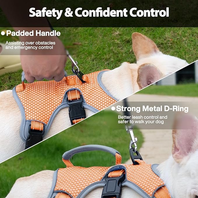 Huntboo Escape Proof Dog Harness, Escape Artist Harness, Reflective Dog Harness with Handle, Durable,Adjustable Vest for Small Medium Large Dogs Walking, Training, and Running Gear(Orange,S)