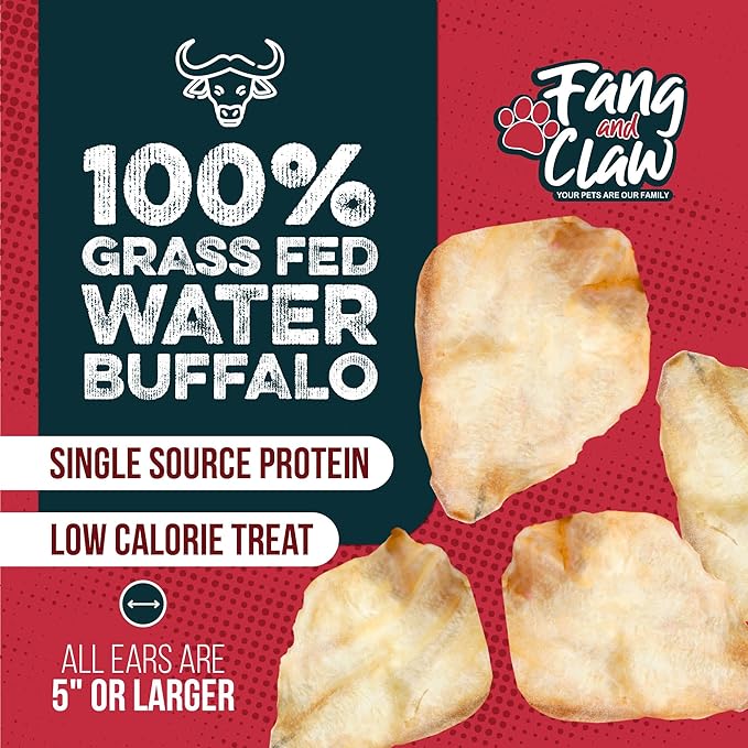 Fang & Claw 50 Count Water Buffalo Ears for Dogs – 100% Natural, Single-Ingredient, Long-Lasting Rawhide Alternative, Grain-Free