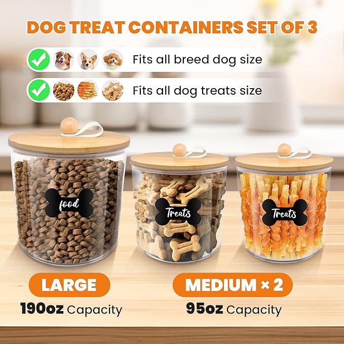 3 Pack Airtight Dog Food Storage Container, Dog Treat Container Dog Food Containers with Bamboo Lids 8x7''&6x5'',Pet Food Storage Container,Cat Food Container with Scoops,Clamp,Labels,Pen