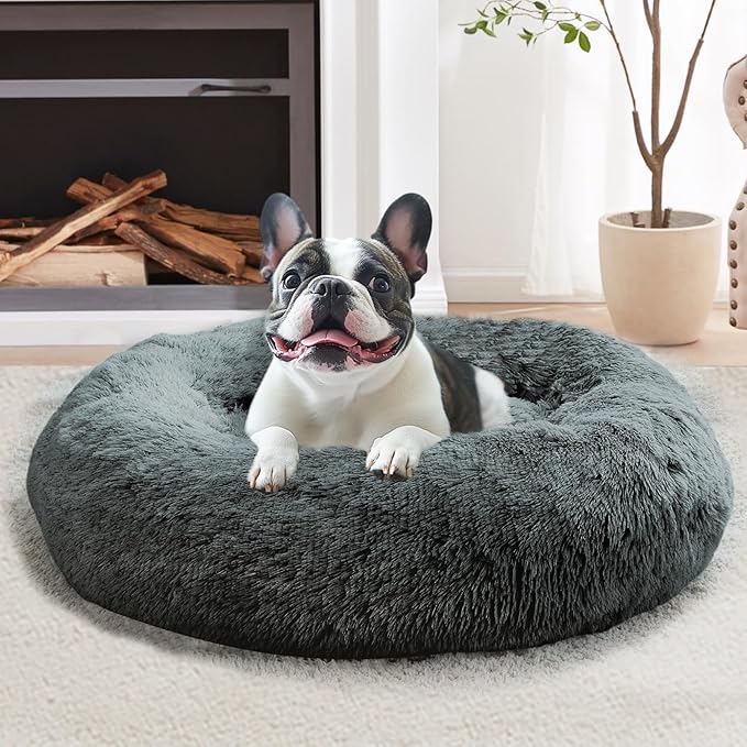 JOLLYVOGUE Calming Dog & Cat Bed for Small Dogs, Anti-Anxiety Donut Cuddler Cozy Soft Round Bed with Anti-Slip Bottom, Fluffy Faux Fur Plush Cushion Beds for Small Medium Dogs (20")