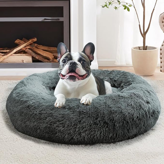 JOLLYVOGUE Calming Dog & Cat Bed for Small Dogs, Anti-Anxiety Donut Cuddler Cozy Soft Round Bed with Anti-Slip Bottom, Fluffy Faux Fur Plush Cushion Beds for Small Medium Dogs (20")