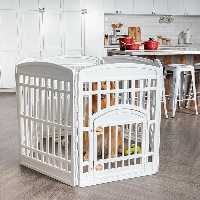 IRIS USA 34" 6-Panel Dog Playpen with Door, 44 x 63 x 34, Puppy Fence, Puppy Playpen, Dog Play Pen Indoors, Pet Fence, Puppies/Small Dogs, White