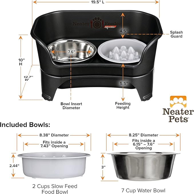 Neater Feeder Express Mess Proof Dog Bowls Elevated for Medium and Large Breed – Made in USA – No Spill Raised Slow Feeder Elevated Dog Bowl Stand, Slow Feed Food and Water Bowl Set, Black