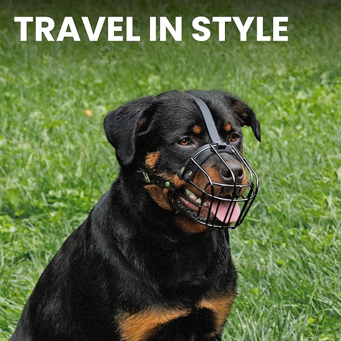 BRONZEDOG Dog Muzzle Adjustable Durable Metal Wire Basket for Large and Extra Large Dogs with Leather Straps Breathable, Drinkable, Adjustable, Training, Prevents Biting (PVC, Rottweiler)