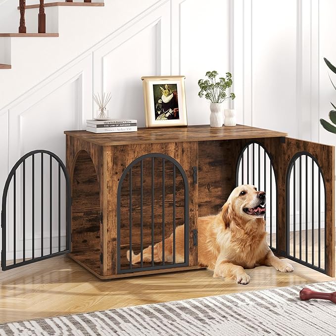 39.4" Wooden Dog Crate Furniture, Indoor Dog Kennel Dogs Cage for Small/Medium/Large Dogs, Heavy Duty Dog Crates Decorative Pet House End Side Table TV Stand, Rustic Brown DFC84101B
