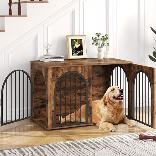 39.4" Wooden Dog Crate Furniture, Indoor Dog Kennel Dogs Cage for Small/Medium/Large Dogs, Heavy Duty Dog Crates Decorative Pet House End Side Table TV Stand, Rustic Brown DFC84101B