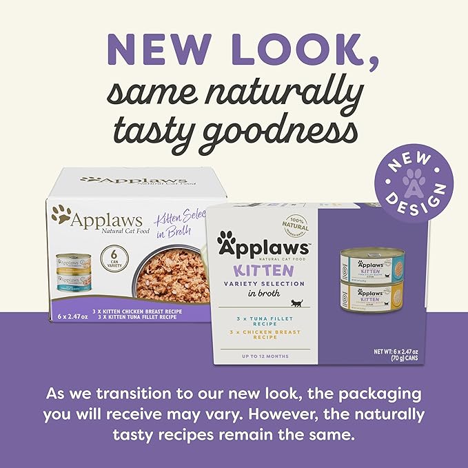 Applaws Natural Wet Kitten Food, Limited and Natural Ingredients, High Protein with No Artificial Additives, Kitten Variety Selection in Broth (6 x 2.47oz Cans)