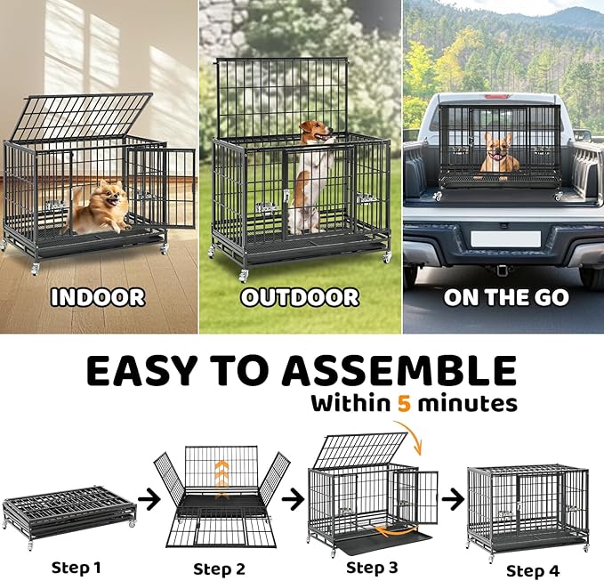 Homey Pet Three Tiers 37 Inch Dog Crate, Escape Proof Dog Cage Kennel Indoor with Top Access and Lockable Wheels, Removable Tray, Heavy Duty Dog Crates for Medium/Small Dogs