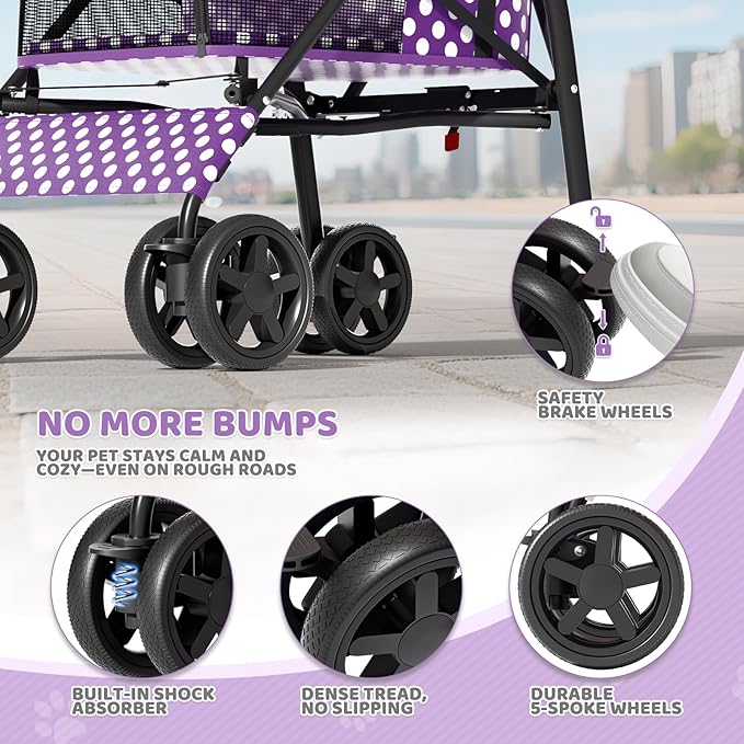 Magshion Compact Pet Stroller for Small-Medium Dogs/Cats up to 22lbs, 4-Wheel Lightweight Umbrella Shaped Portable Puppy Travel Jogger w/Breathable Mesh, Cup Holder & Rear Storage, Purple Polka Dots