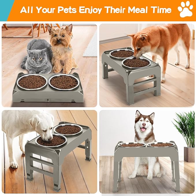 Elevated Bowls, 4 Height Adjustable Raised Stand With 2 Thick 50oz Stainless Steel Food Bowls, Non-Slip Feeder for Dogs, Adjusts to 3.7", 9.2", 10.75", 12.36" Light Brownish Gray
